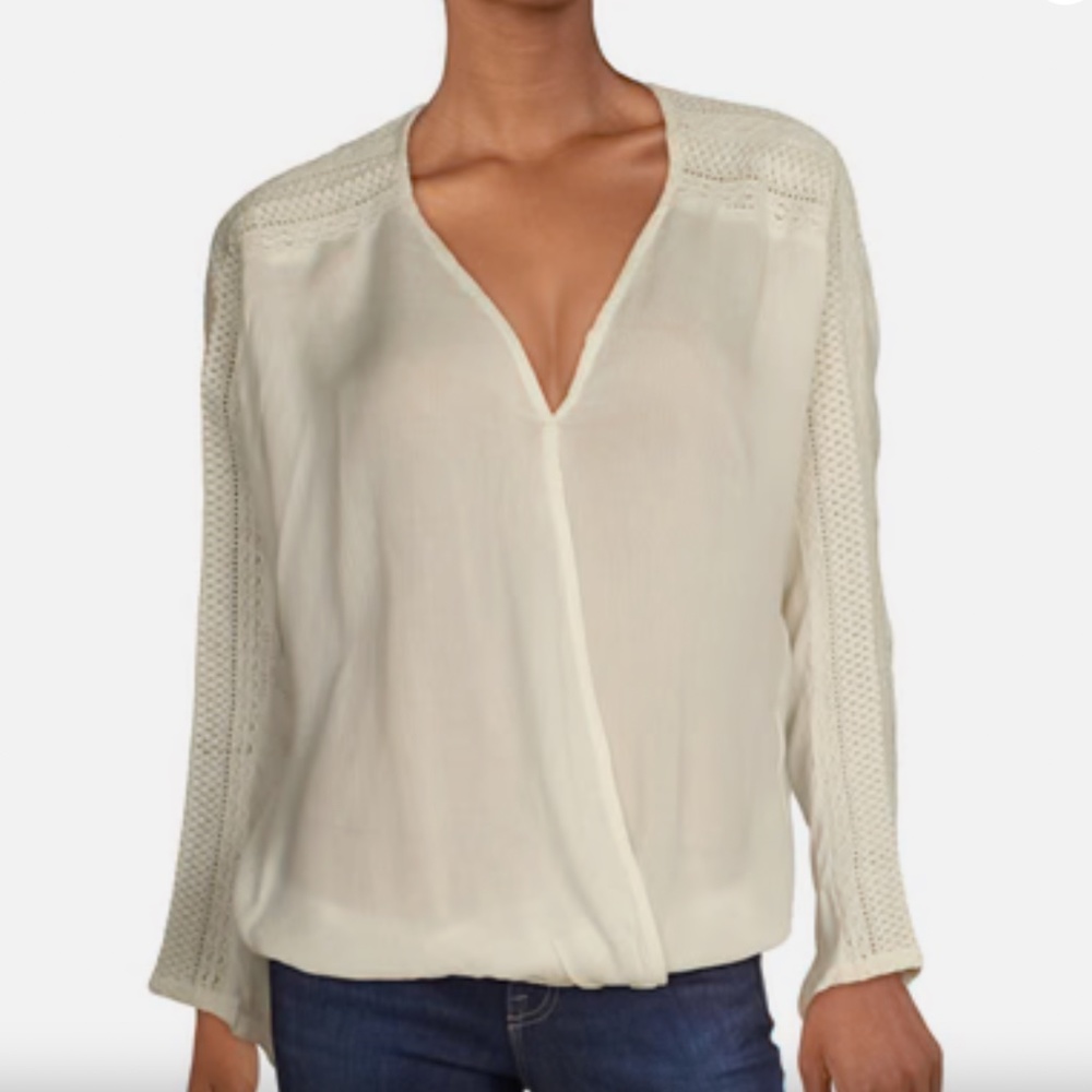 NEW Silver Jeans Co Gorgeous Lace Sleeve Oversized Faux Wrap Ivory Blouse Medium